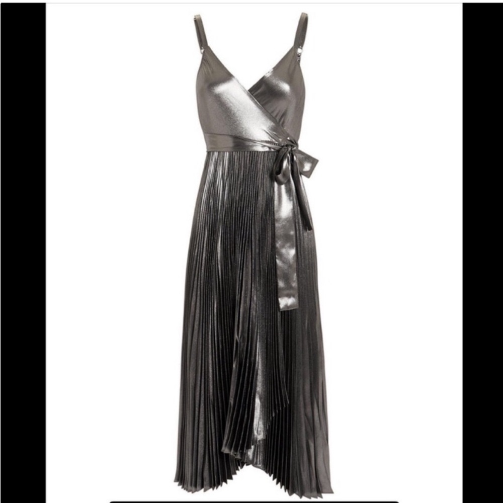 A.L.C. Metallic Silver Kristo Pleated Wrap Midi Dress